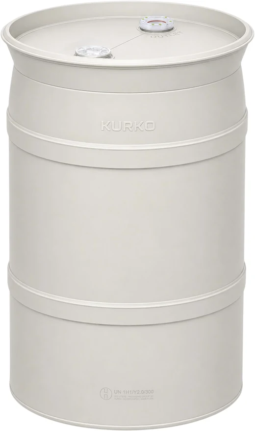 HP55 High-Purity 55-gallon drum in natural HDPE, with a KoLink Keyed Diptube Insert installed at the outlet port