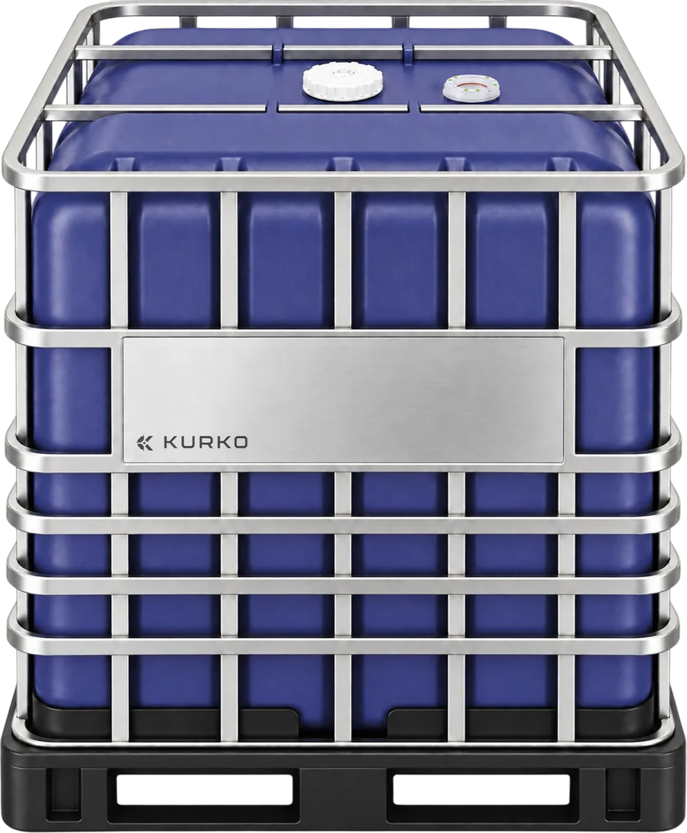 Front-facing indigo UP275 IBC in its stainless cage and black pallet.