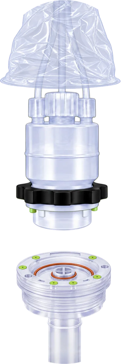 KoLink dispense head with translucent splash guard above the keyed diptube insert; the lower tube ends at the supplied image boundary.