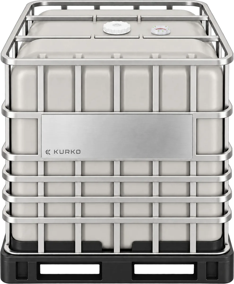 Front-facing natural HP275 IBC in its stainless cage and black pallet.