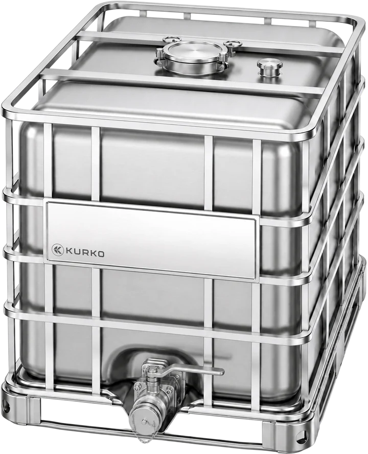 All-stainless IBC with a stainless steel cage and a bottom outlet valve