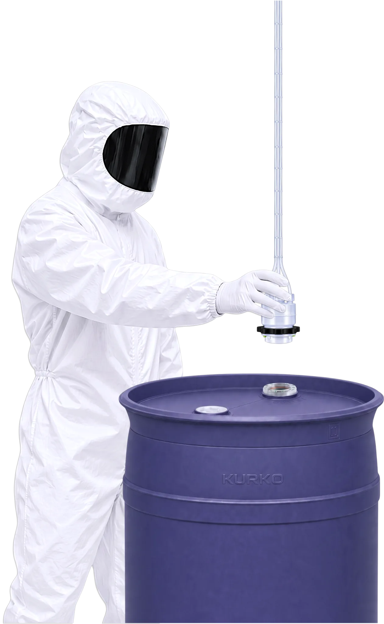 Cleanroom technician positioning the KoLink dispense head above the keyed diptube insert in an indigo KURKO UP55 drum.