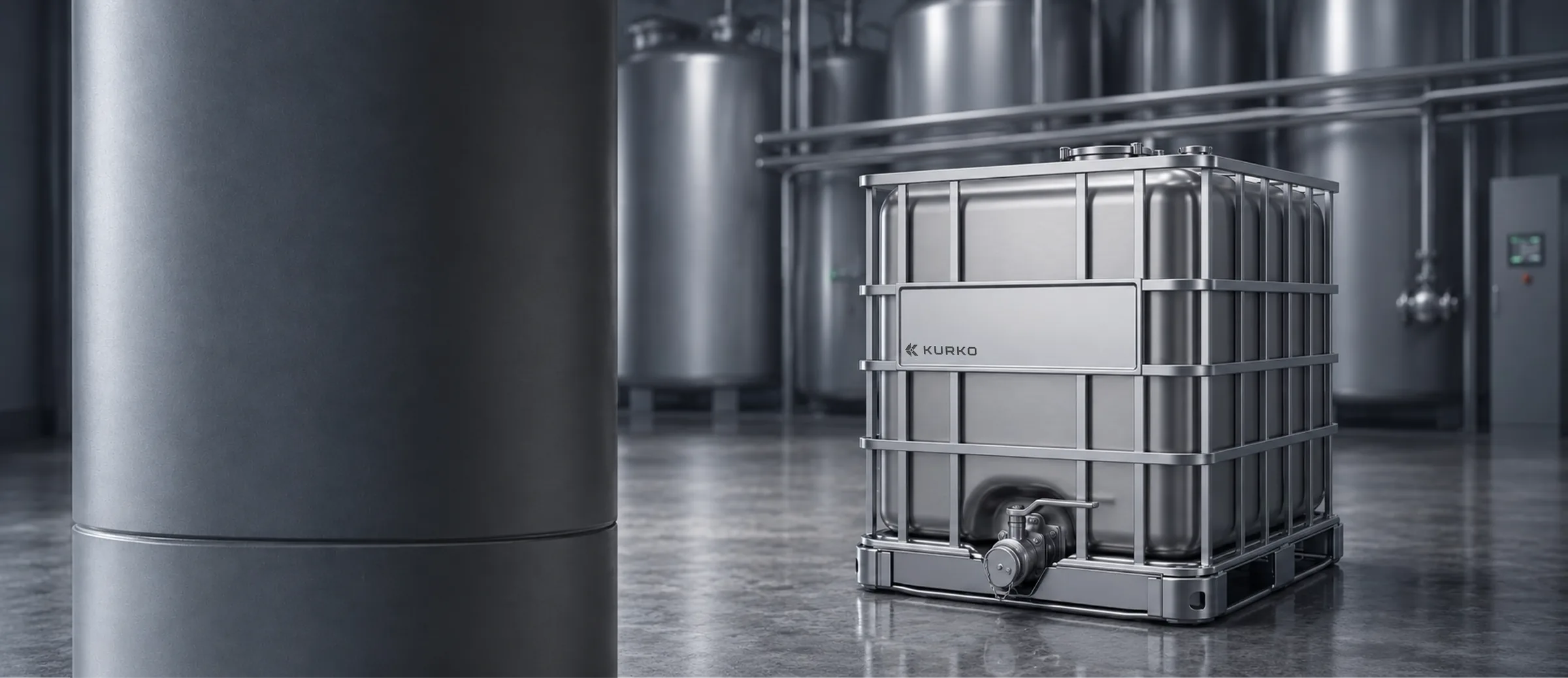 KURKO SS330 stainless steel IBC with protective cage, upper fittings, front outlet valve and base, in an industrial facility.