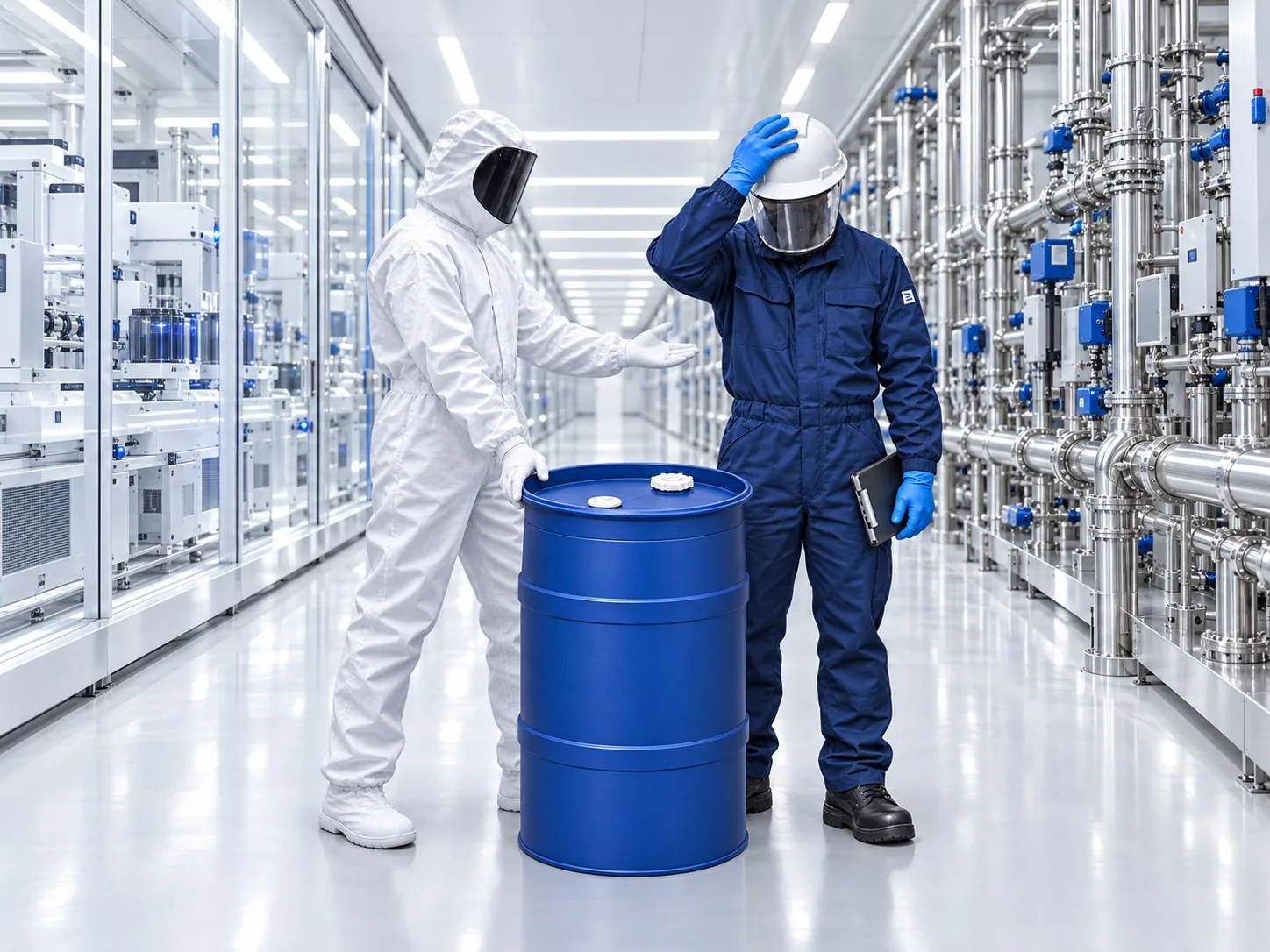 Two operators with a blue drum centered between a white glass-enclosed cleanroom and stainless-steel chemical piping.