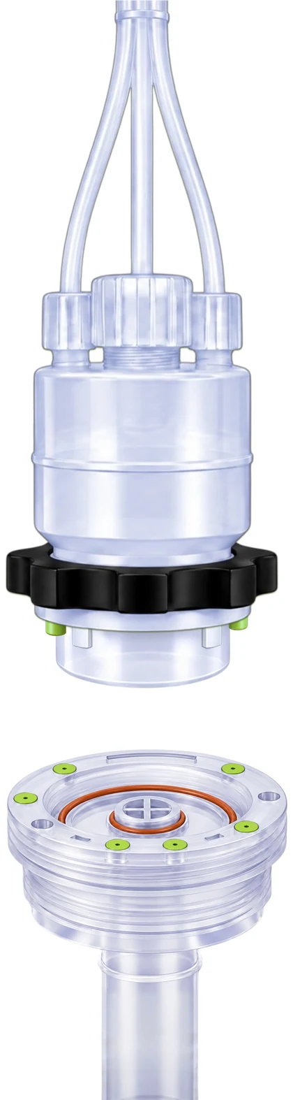KoLink Dispense Head positioned above a Keyed Diptube Insert, green coding elements visible on both mating faces