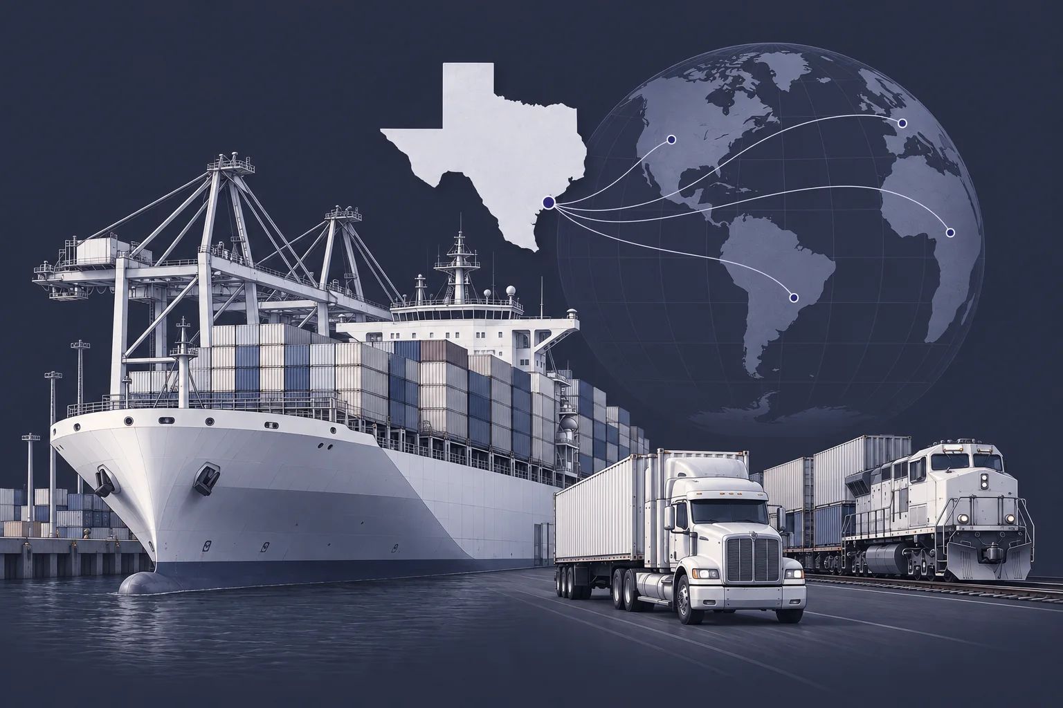 Container ship under a port crane, a semi truck and a freight train, with the outline of Texas and shipping routes drawn to a globe