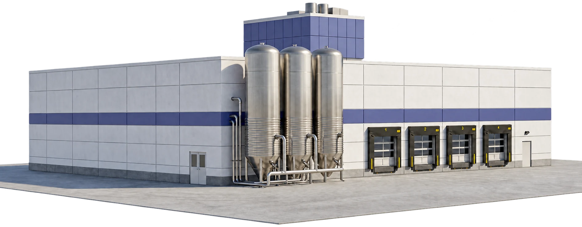Rear elevation of the Kurko manufacturing facility with silos and four shipping docks