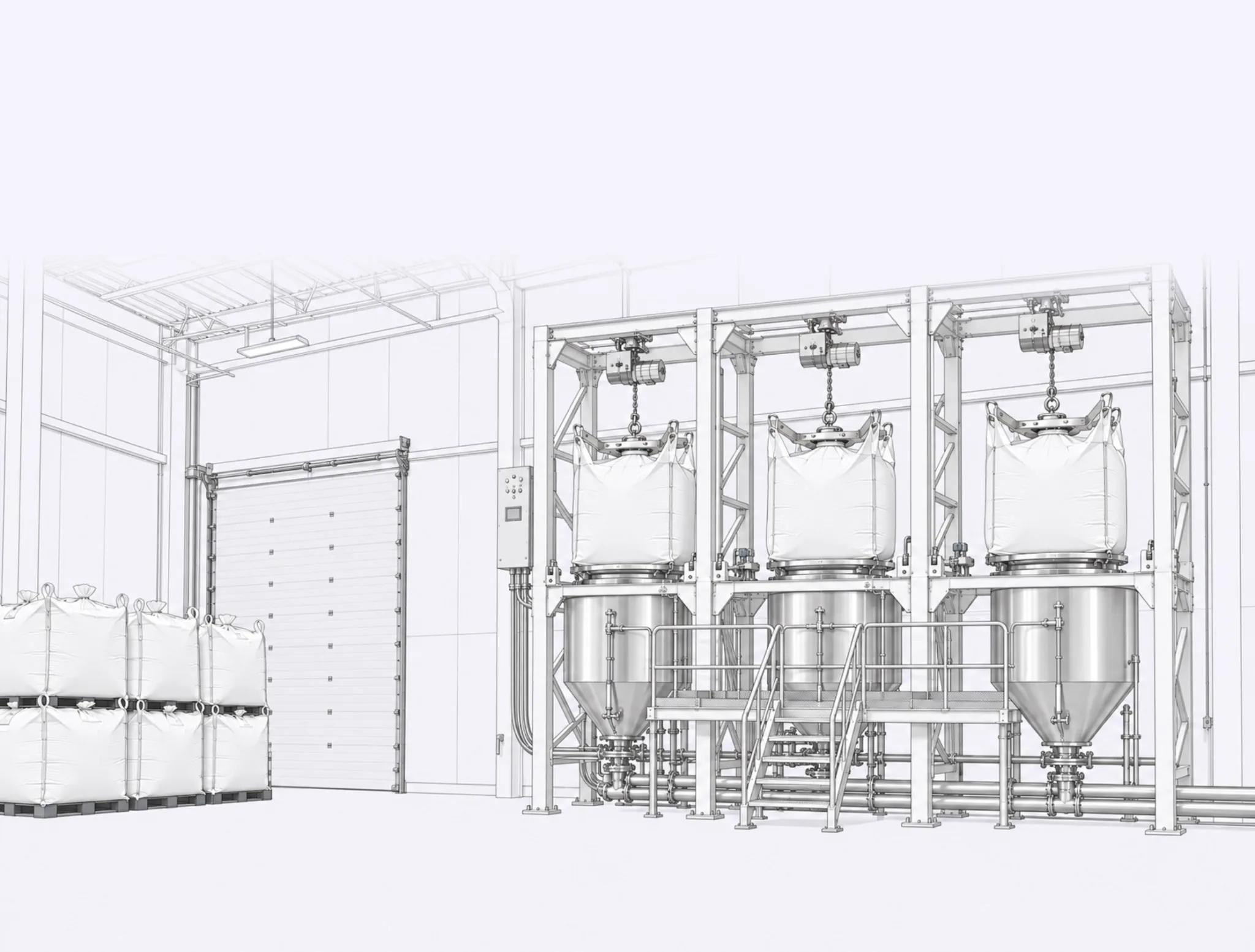 Bulk bags suspended over stainless-steel hoppers in a pale, enclosed resin receiving and storage area.