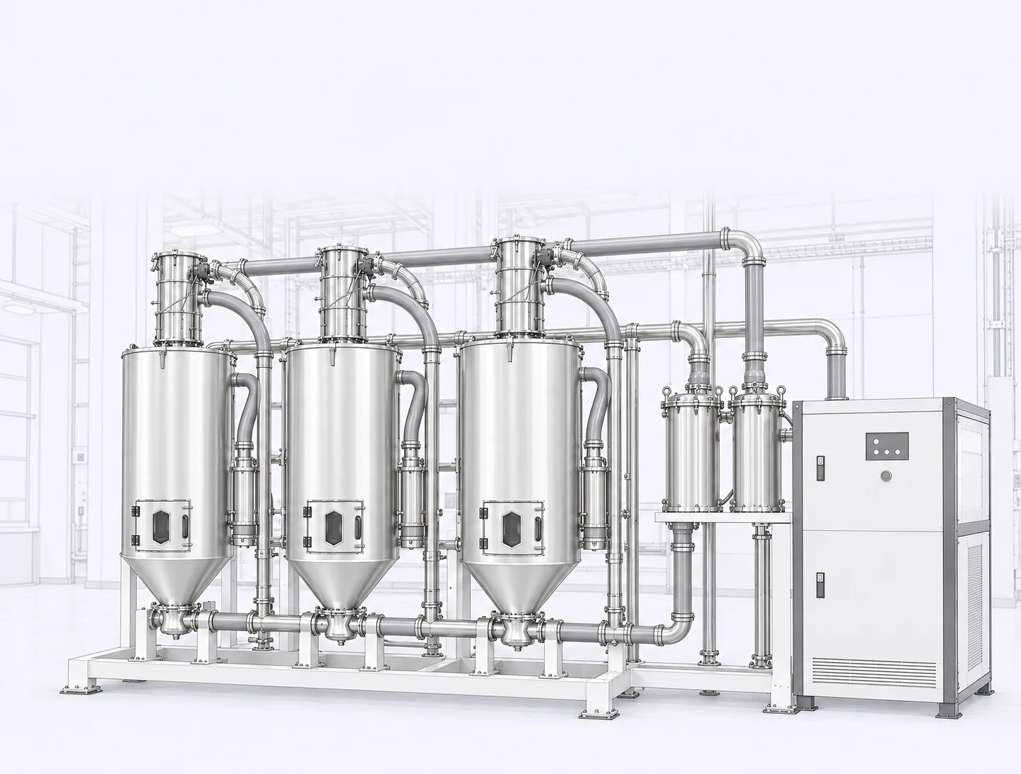 Three stainless-steel resin drying hoppers connected by closed piping beside a control and air-handling cabinet.