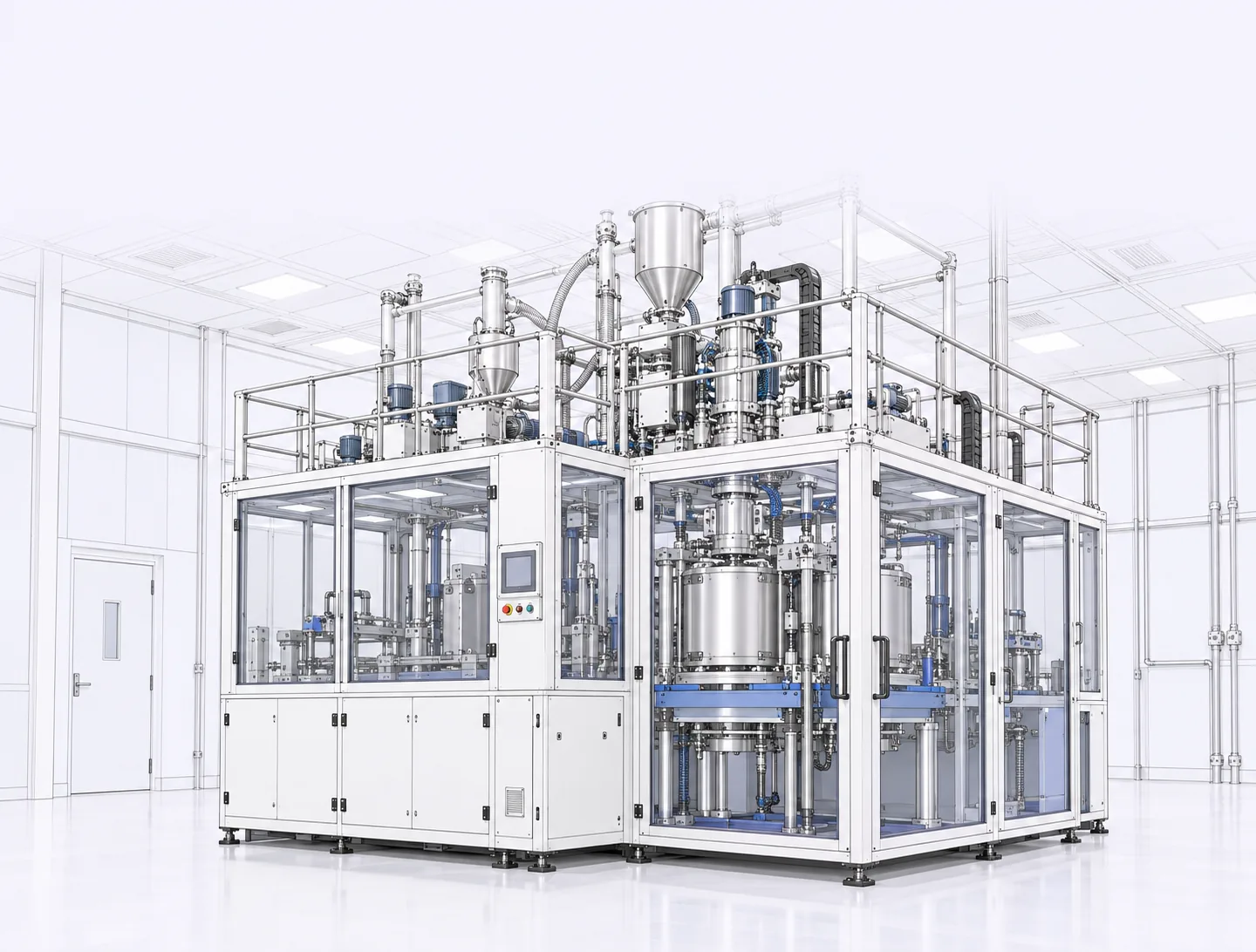 An enclosed blow-molding cell with overhead feed hoppers and visible molding equipment.