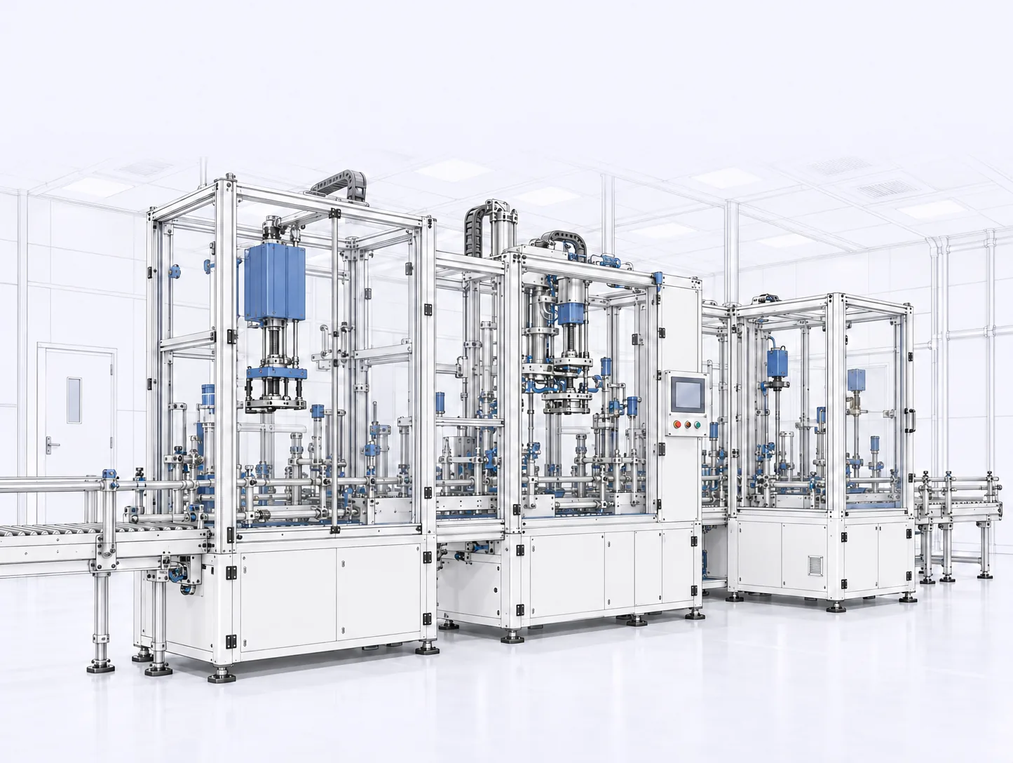 A row of enclosed finishing and assembly stations linked by a conveyor in a bright production room.