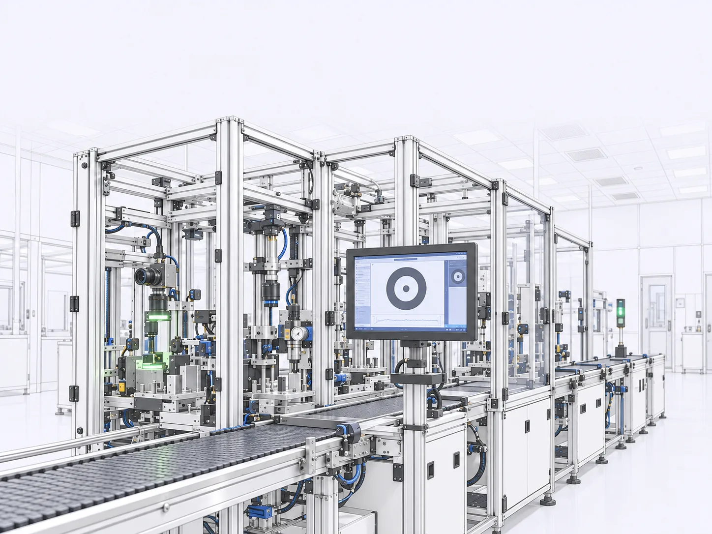 Enclosed conveyor inspection stations with monitoring screens and green status indicators.