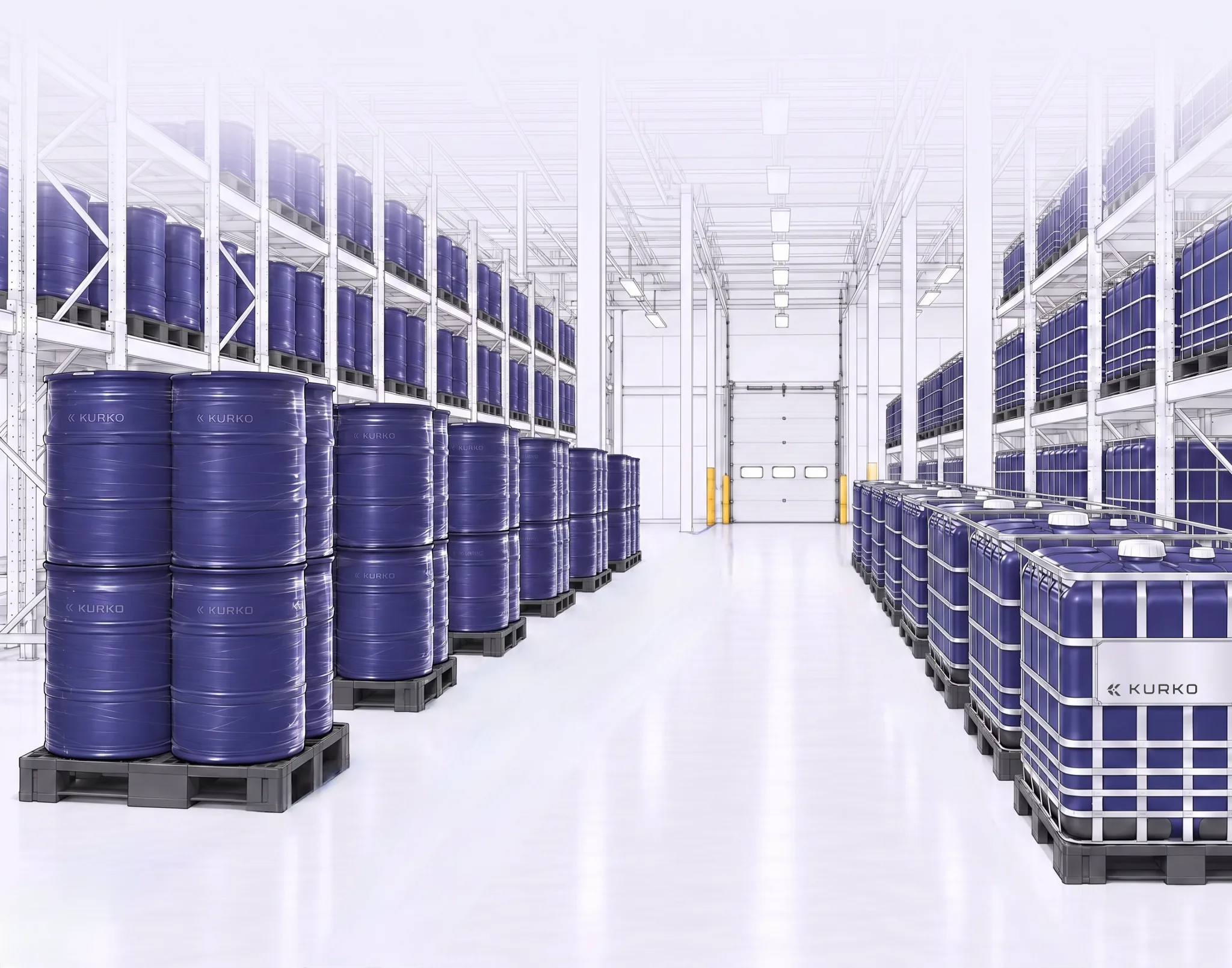 Palletized drums and IBCs arranged on either side of a clean warehouse aisle beneath storage racks.