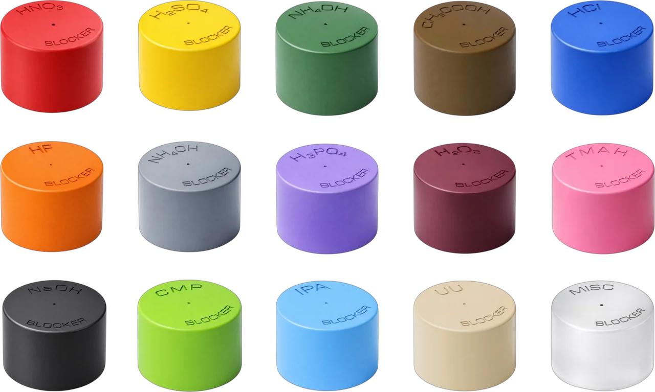Fifteen color-coded Diptube blocker plugs in a five-by-three grid, each embossed with its chemical service