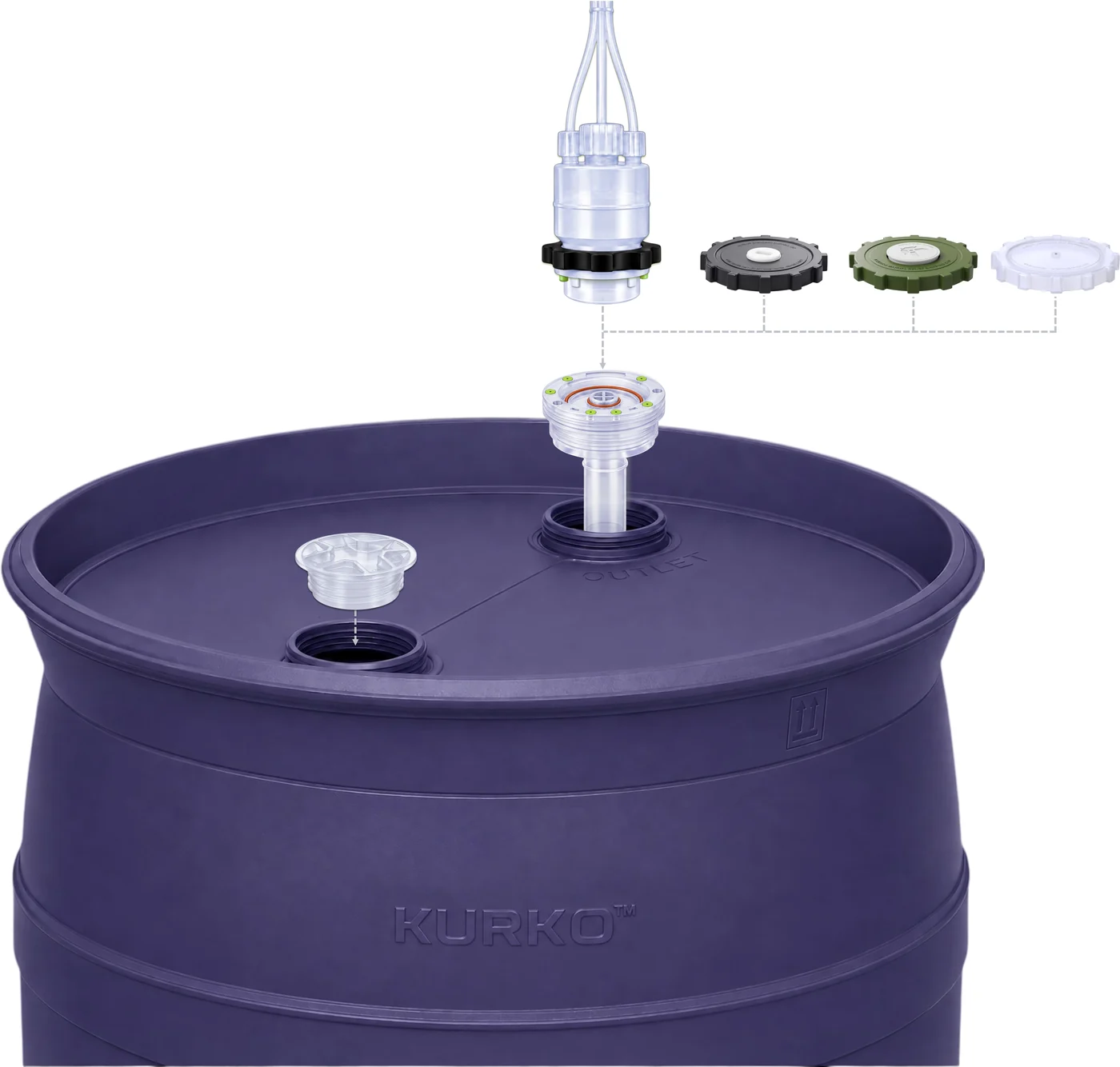 UP55 drum top with the accessory system shown exploded: a KoLink Dispense Head and three shipping caps above the Keyed Diptube Insert at the outlet port, and a threaded bung plug above the inlet port