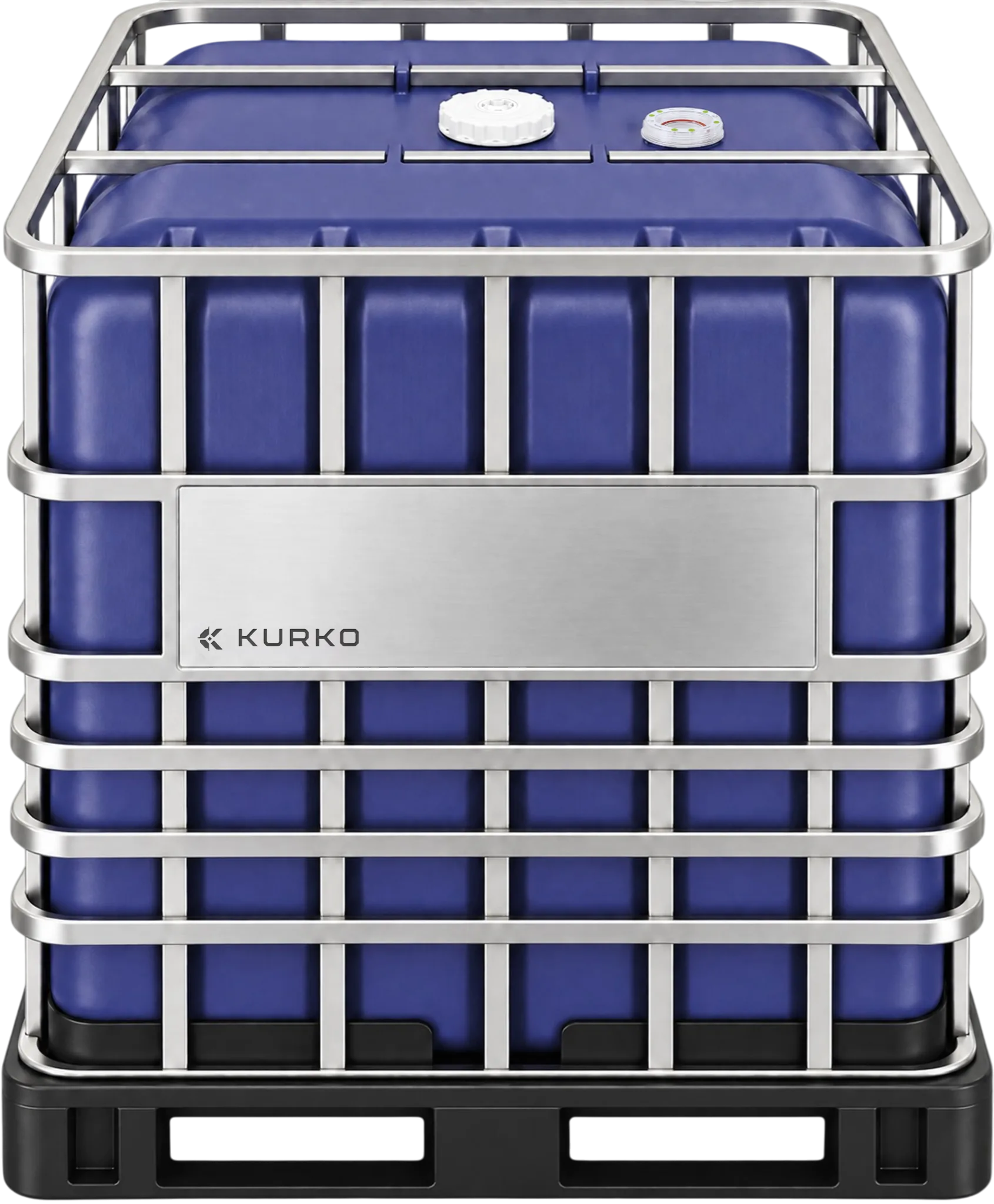 Front view of the indigo UP275 liner inside its stainless-steel cage on a black pallet.
