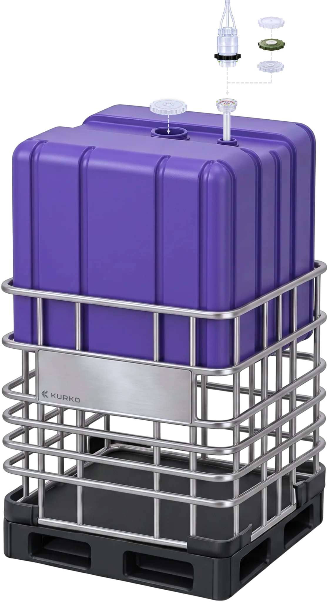 UP275 liner lifted above its cage and pallet, with separated top closures and KoLink components.
