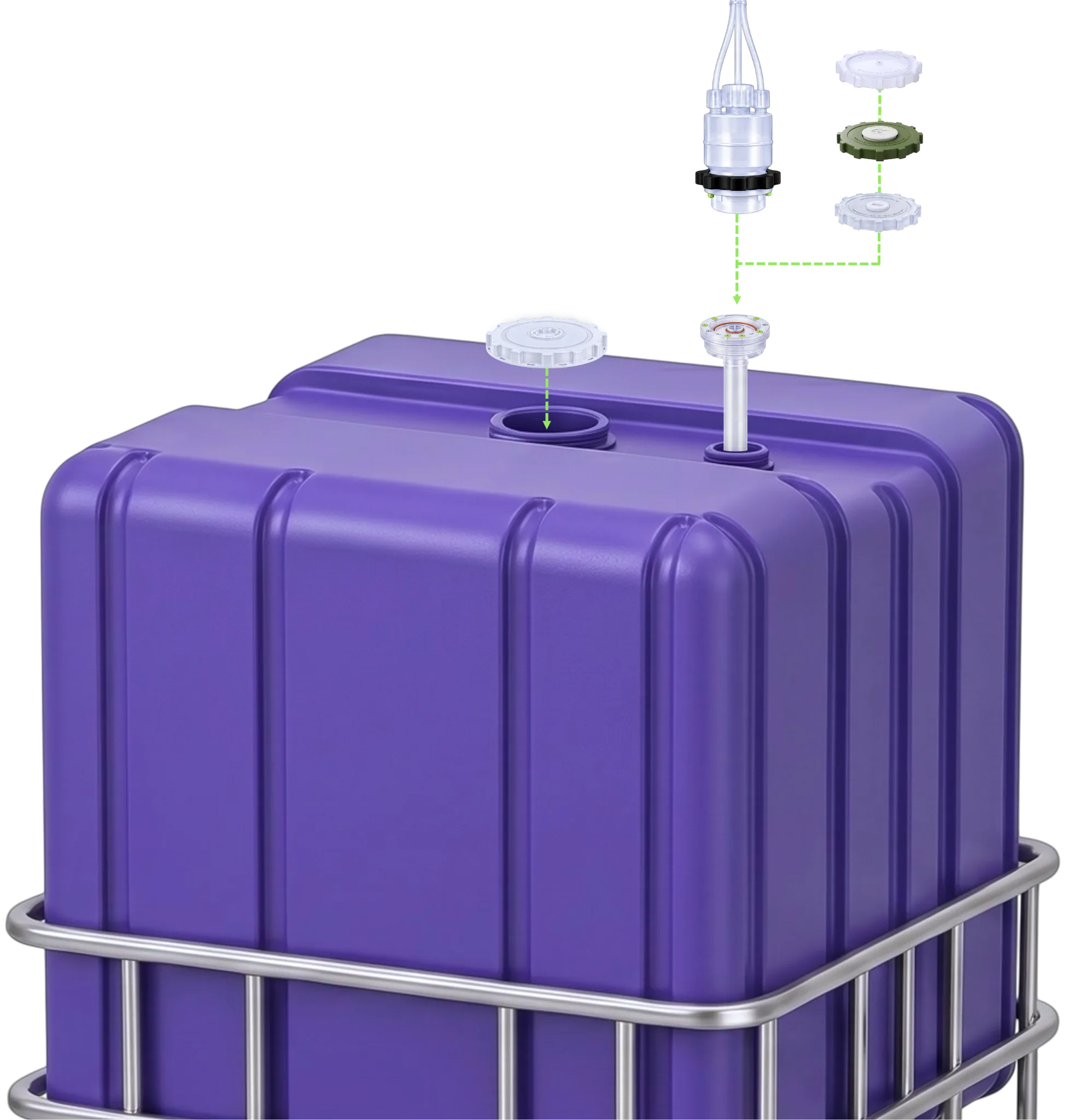 UP275 ultra-pure IBC closeup: a purple liner within a stainless steel cage, with an exploded KoLink dispense head, keyed diptube insert, green closure, white accessories and green dashed assembly guides.