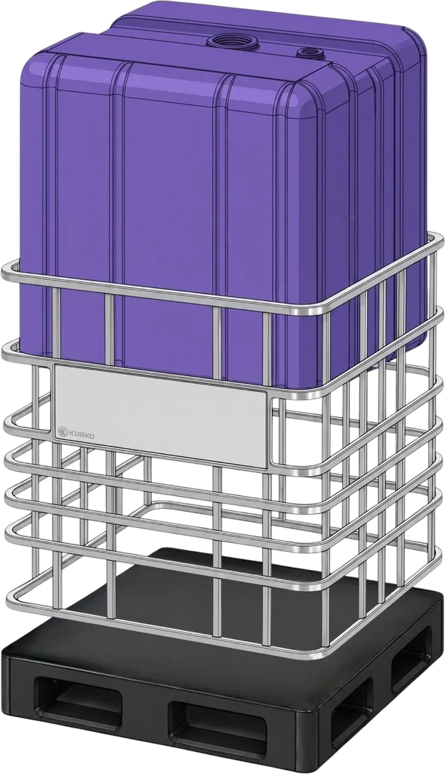 Exploded view of the UP275: the Tri-Layer liner lifted above the stainless steel cage and pallet base