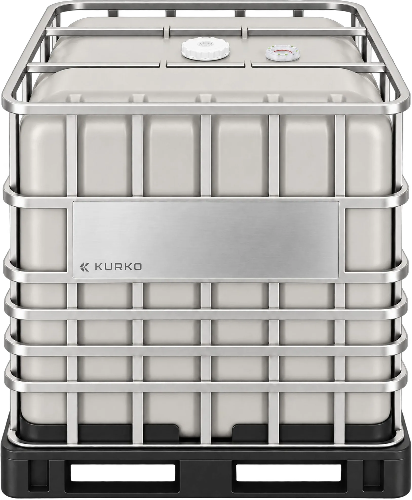HP275 high-purity IBC with a natural HDPE liner, stainless steel cage and black pallet.