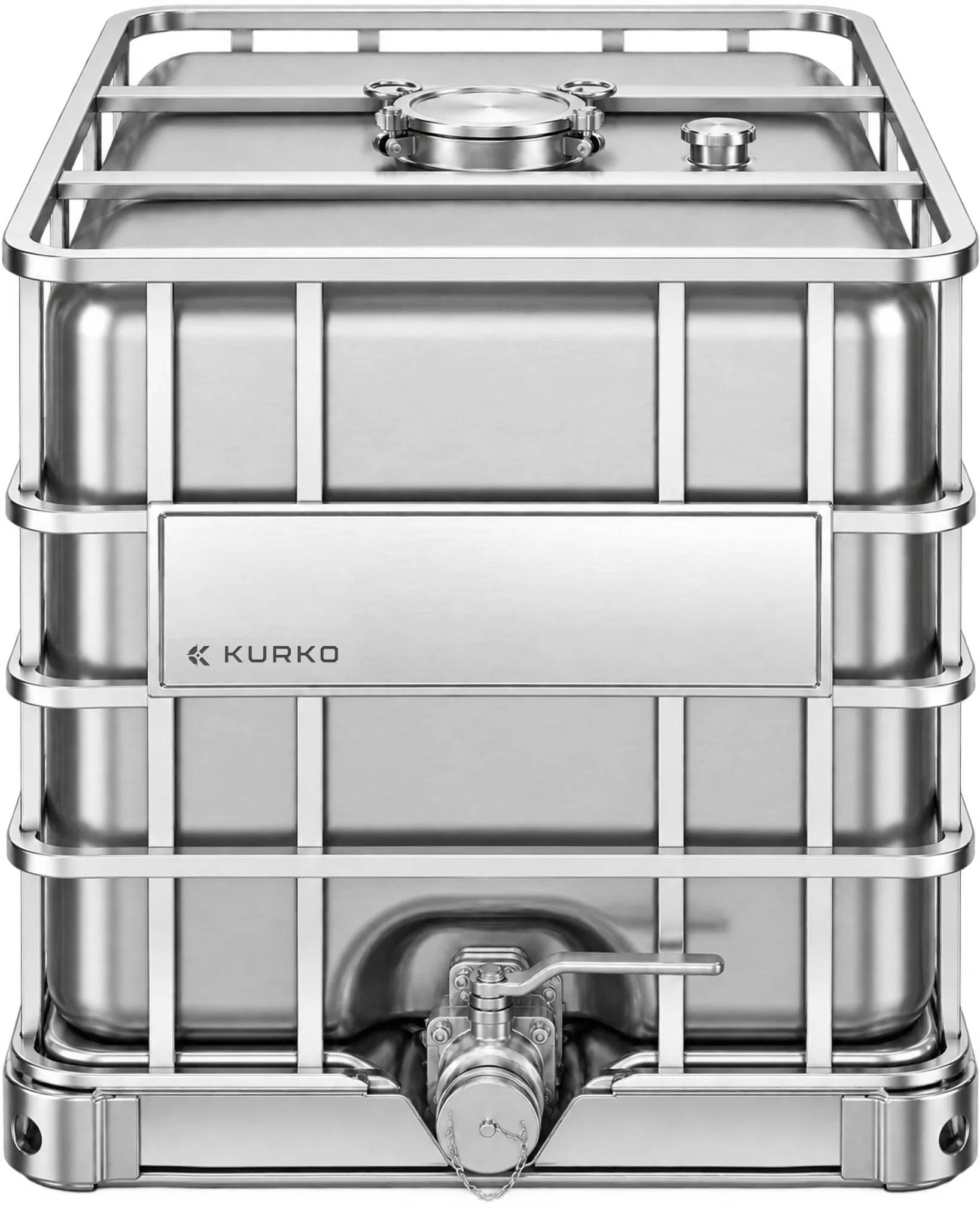 KURKO SS330 all-stainless-steel IBC with a top manway and front discharge valve.