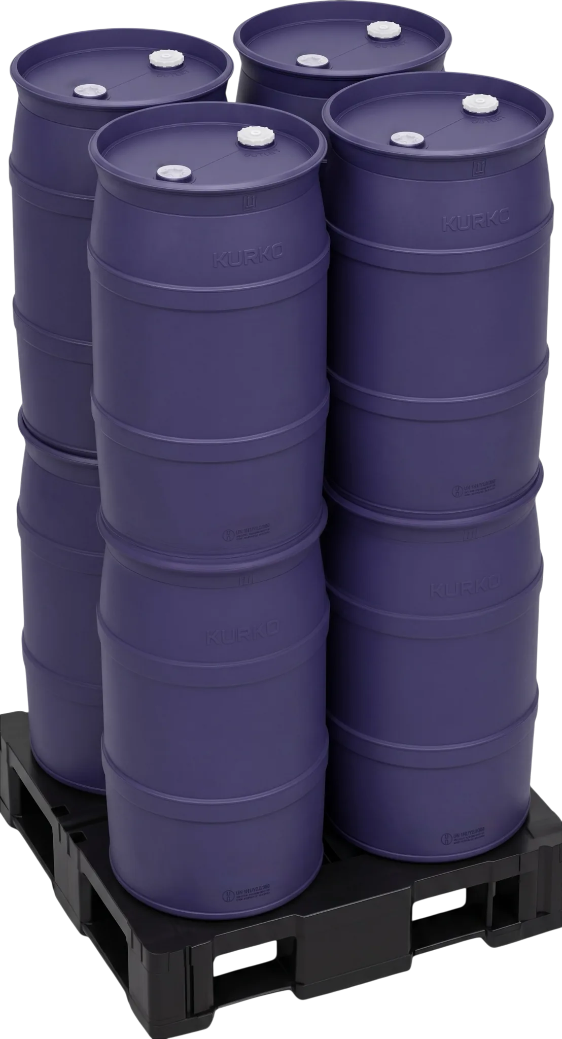 Indigo UP55 drums stacked two-high on a black pallet, with the closures protected within the top chimes.