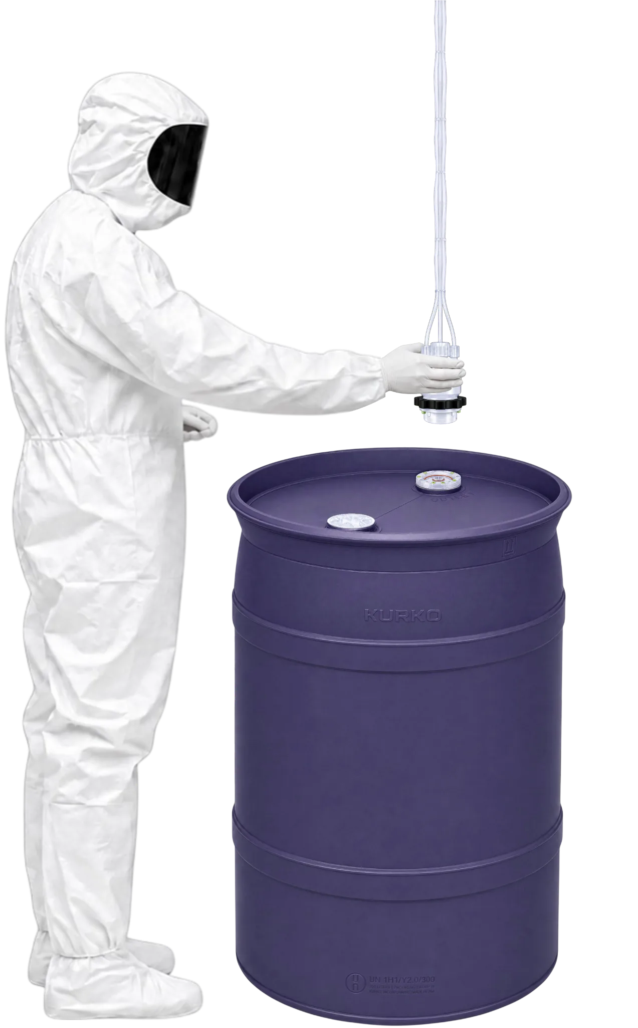 Cleanroom-gowned operator positioning the KoLink dispense head and its attached tubing above the dispense port of an indigo UP55 drum.