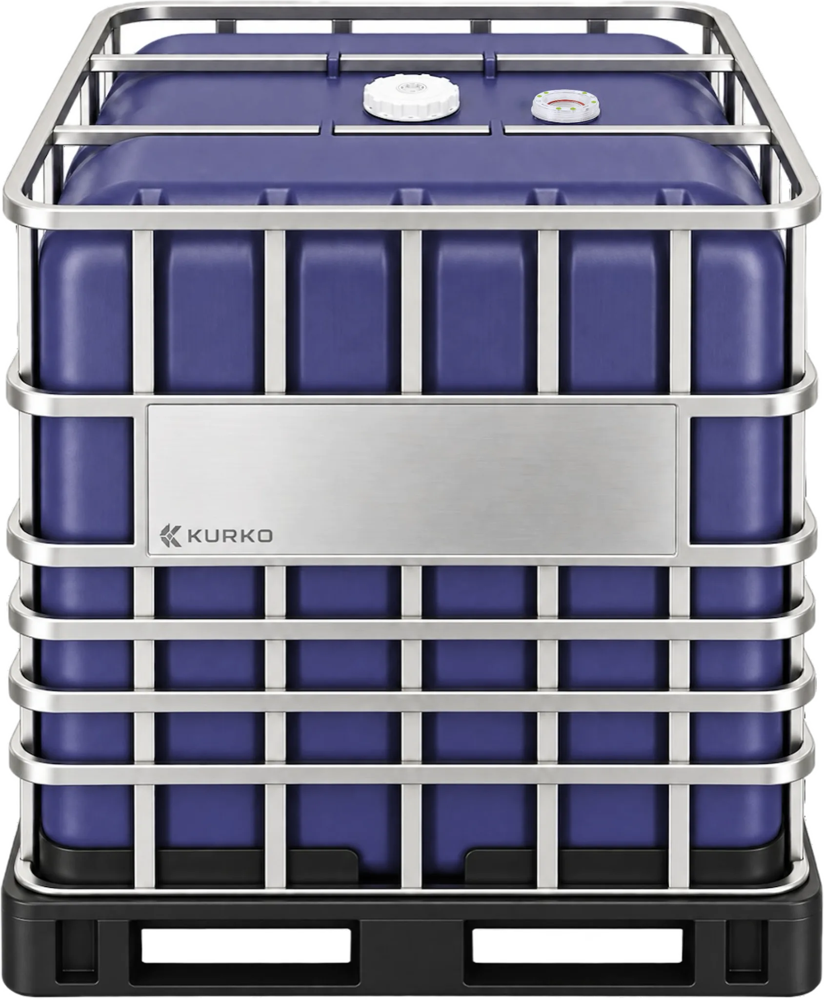 UP275 indigo IBC in a stainless steel cage on a black pallet, front view.