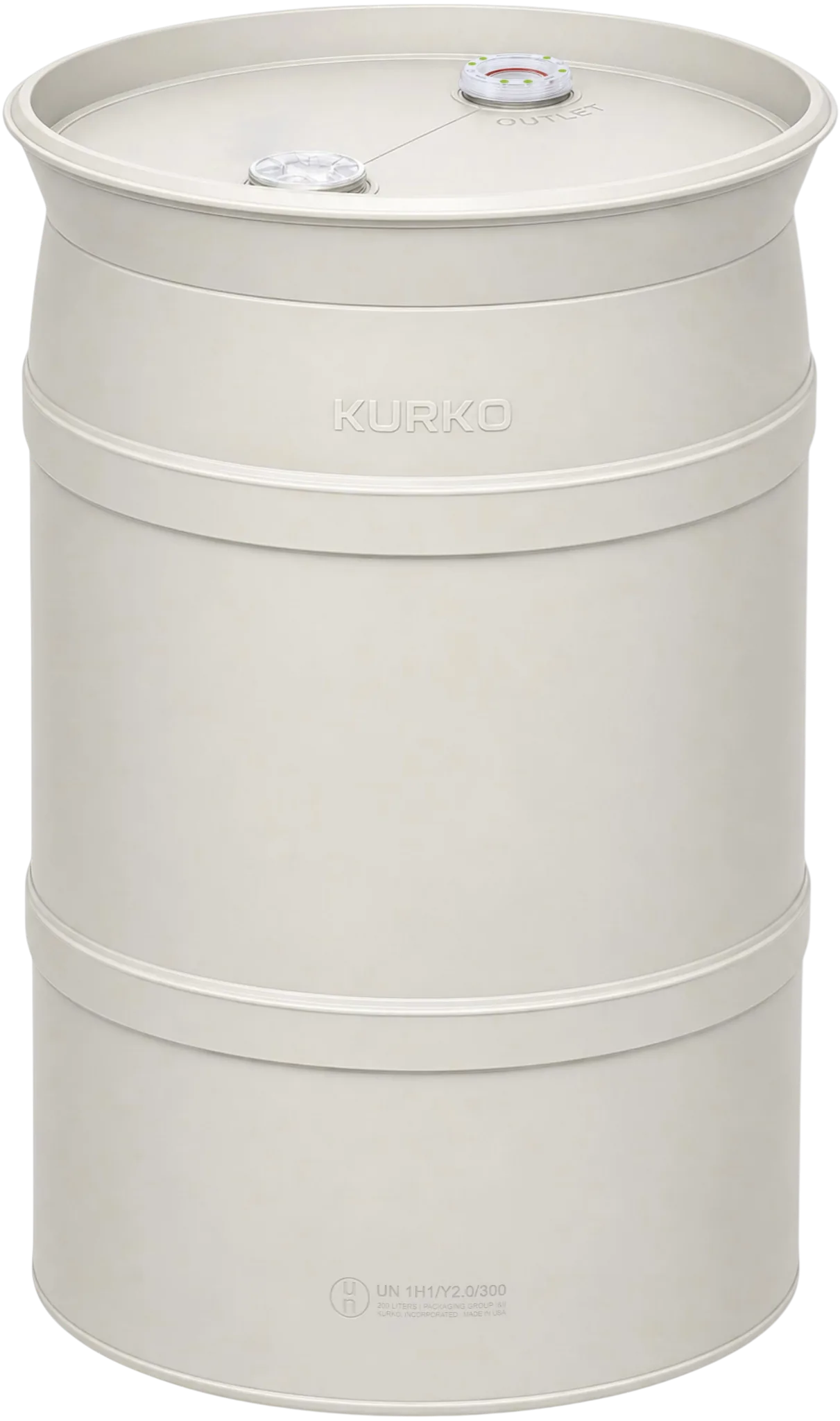 HP55 natural off-white HDPE drum with shipping closures installed, upright front view.