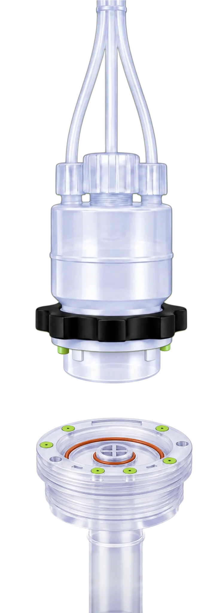 KoLink dispense head above its matching keyed diptube insert, with green coding elements.