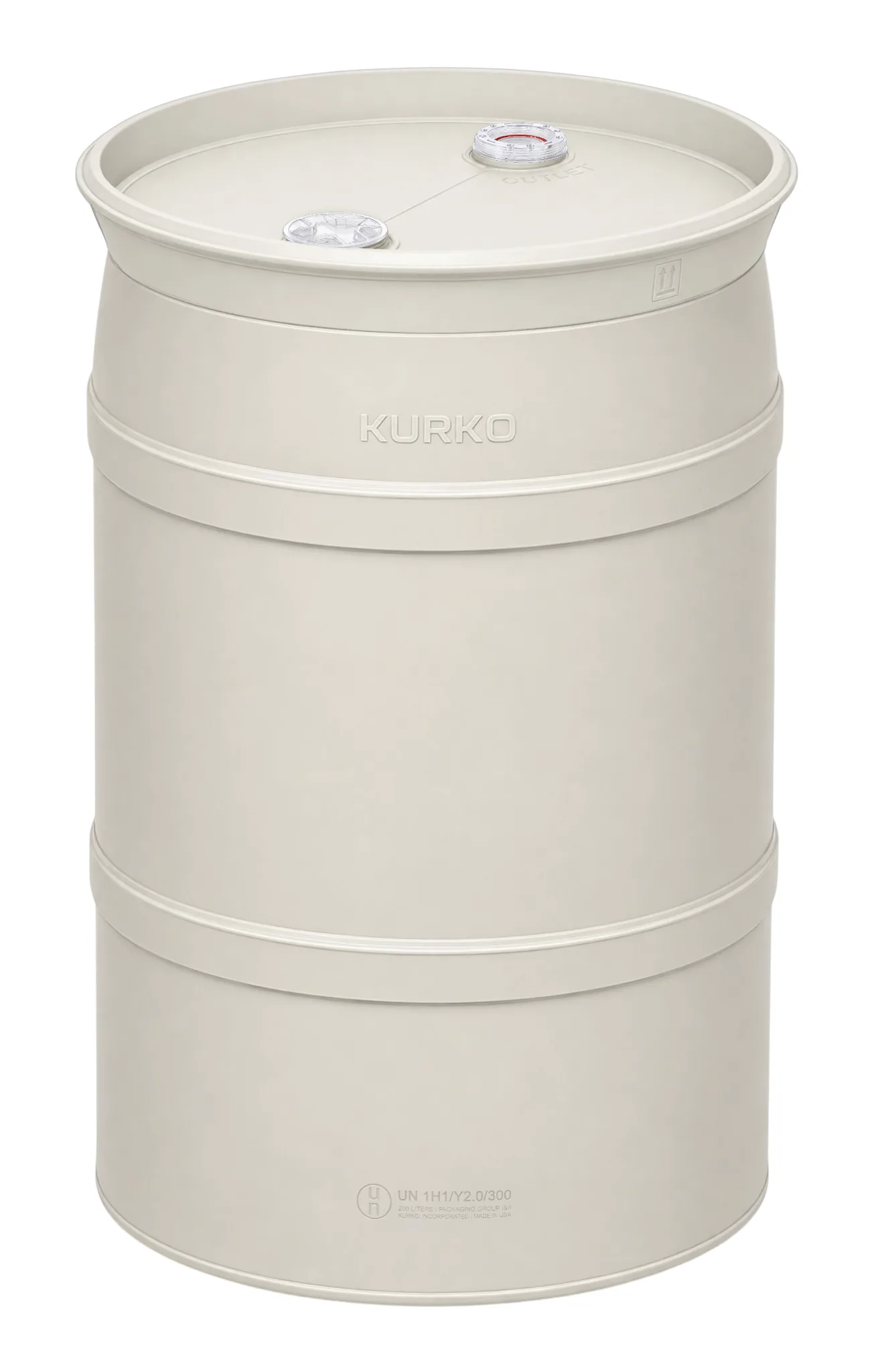 Upright HP55 high-purity drum in natural unpigmented HDPE, with both top closures installed inside the protective chime.