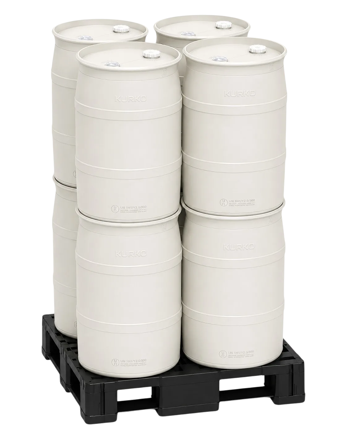 Eight natural-color HP55 drums palletized in fours and stacked two-high on a black plastic pallet.