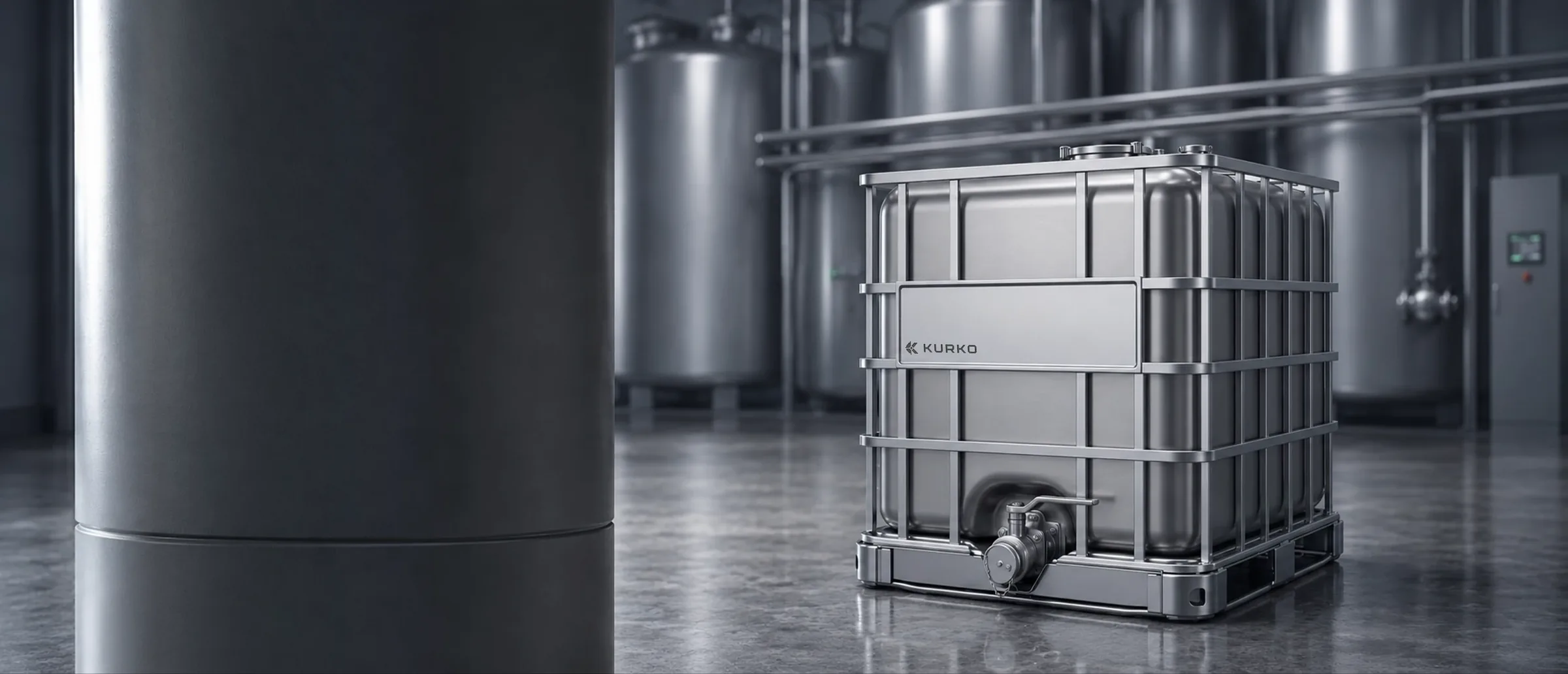 SS330 stainless-steel IBC on a polished concrete floor in a process plant, with stainless tanks and piping behind it