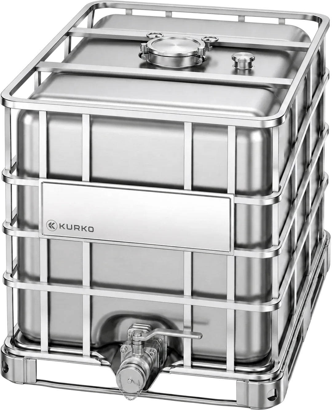 SS330 three-quarter view: brushed stainless vessel inside a stainless cage on a structural base, clamped fill opening on top and a ball valve at the bottom outlet