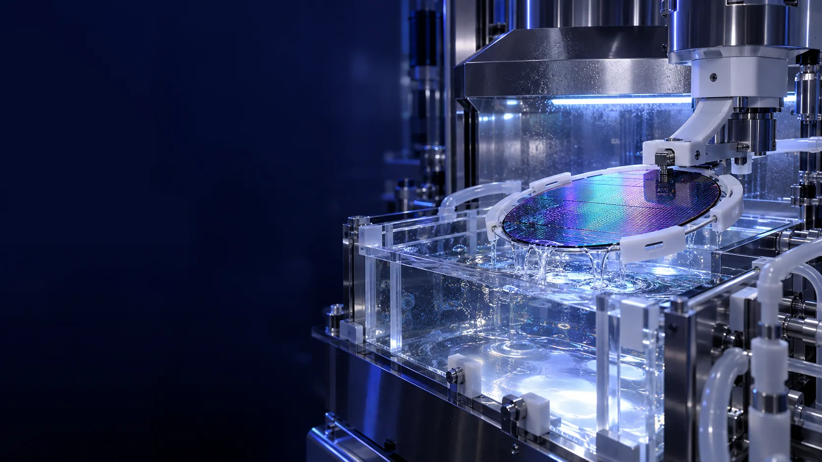 A patterned silicon wafer held in a carrier above a rinse bath inside a semiconductor wet-process bench