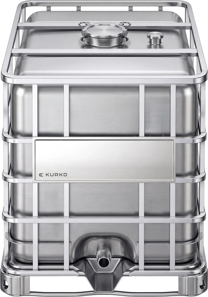 SS330 front elevation: stainless vessel and cage, identification plate on the cage face, bottom outlet centred in the base