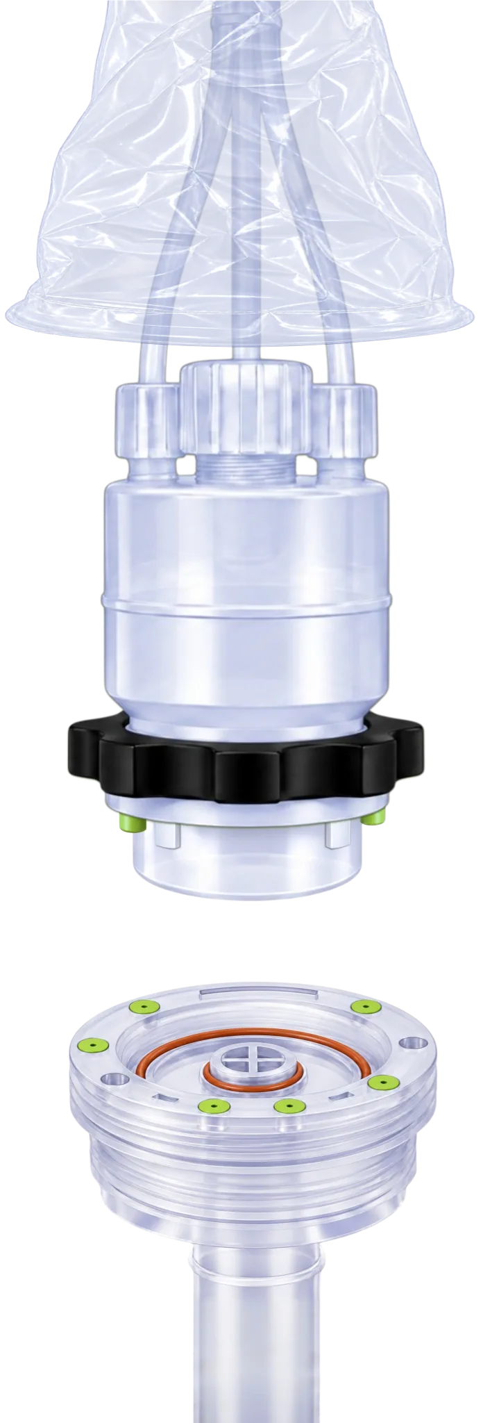 KoLink Dispense Head beneath a transparent splash guard, above a separate Keyed Diptube Insert with green coding elements and orange seals.