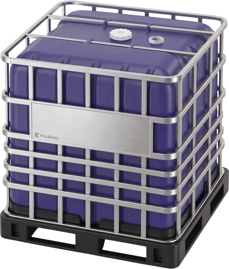 UP275 Ultra-Pure IBC: indigo Tri-Layer liner in a stainless steel cage on a black pallet, with a KoLink Keyed Diptube Insert installed at the 2-inch port