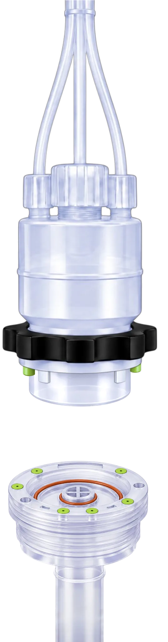 KoLink dispense head with three fluid tubes, a black locking ring and green coding elements, above the keyed diptube insert and tube.