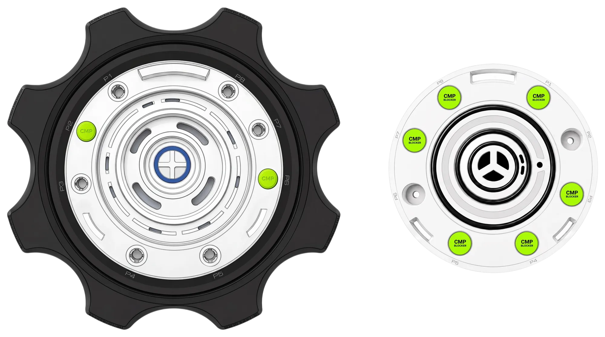 Top view of a KoLink Dispense Head and Keyed Diptube Insert coded for CMP slurry: coding rivets at P2 and P6 on the head, blocker plugs closing the six remaining positions on the insert, the eight key positions labeled P1 to P8 on both parts