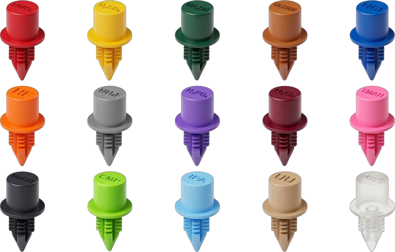 Coding-rivet family: fifteen color-coded rivets engraved per chemical service