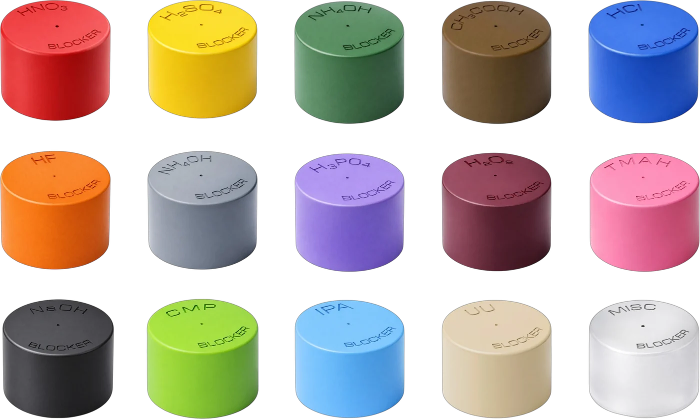 Blocker-plug family: fifteen color-coded plugs engraved per chemical service