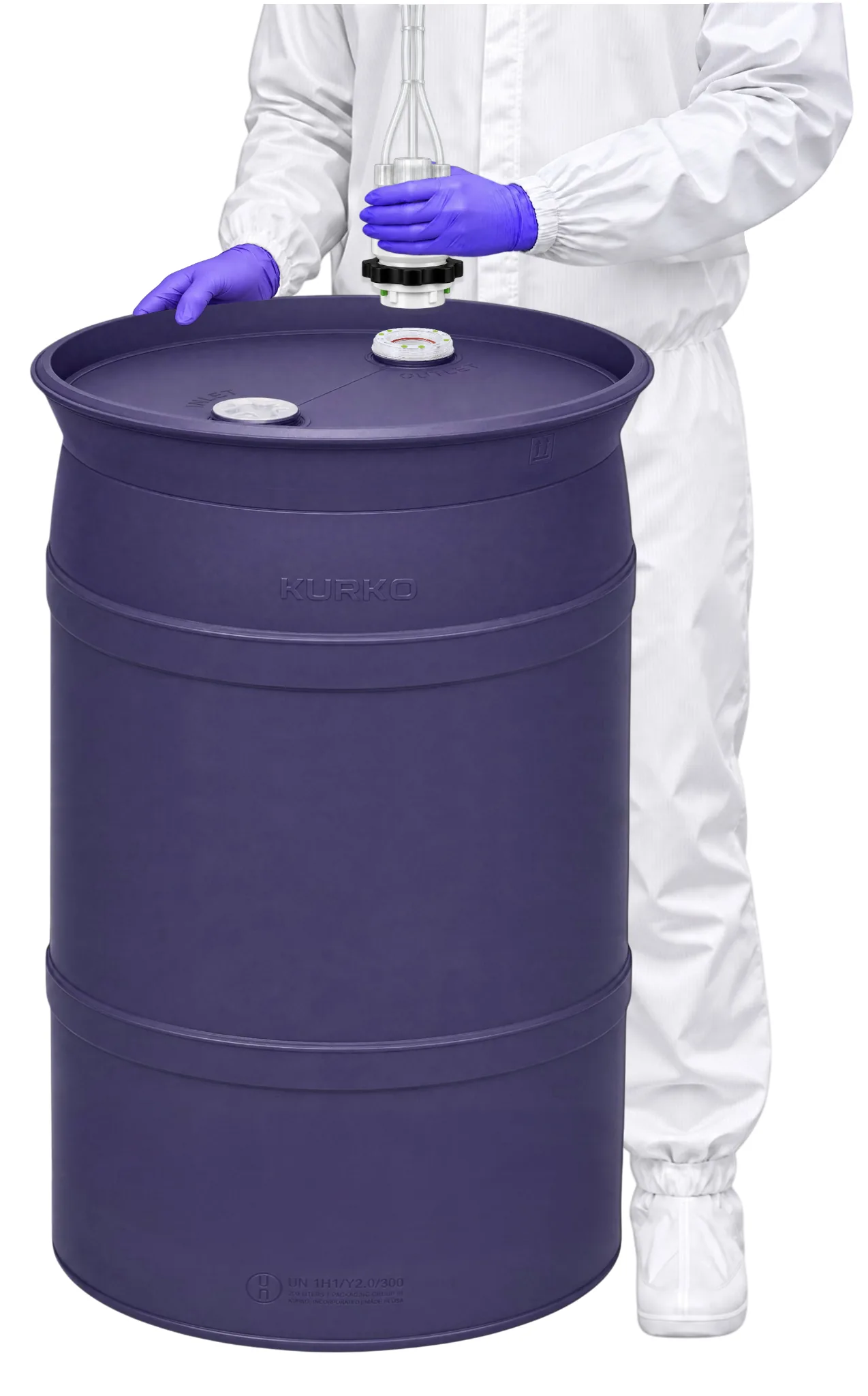 Cleanroom operator holding a KoLink Dispense Head over the Keyed Diptube Insert on a KURKO UP55 drum.