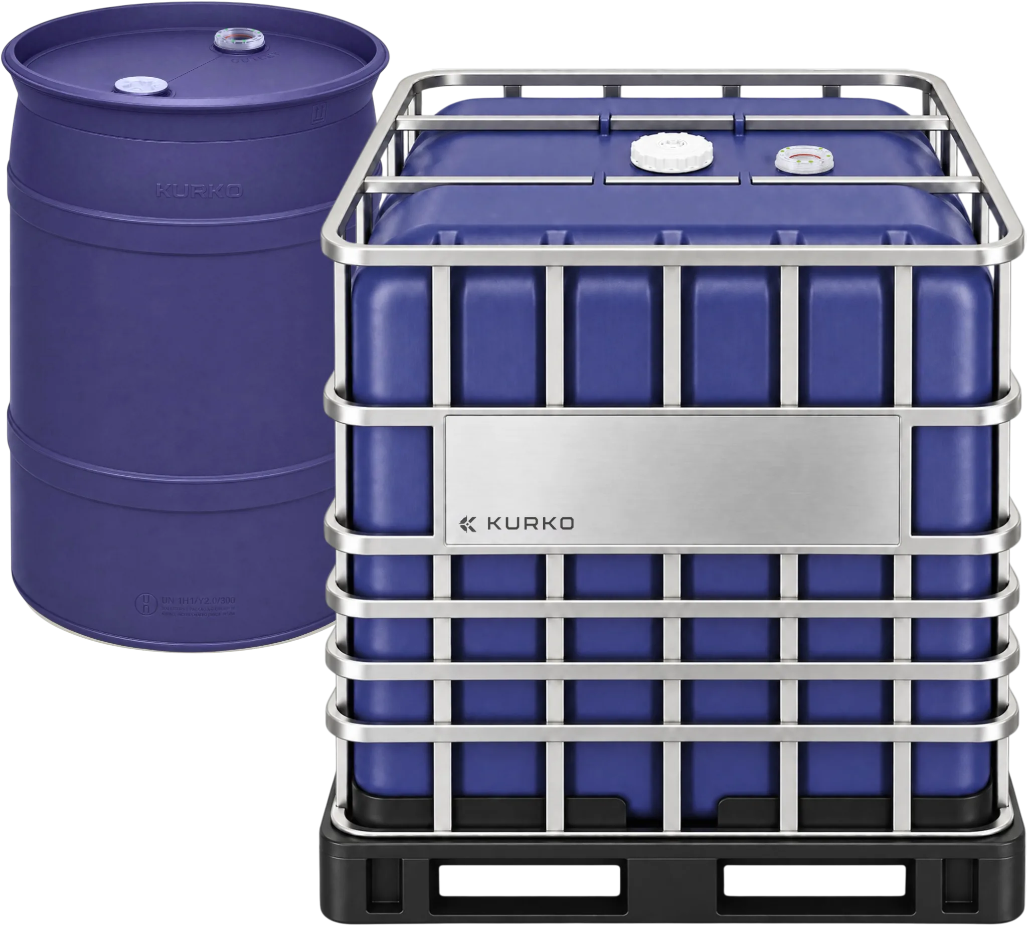 Indigo KURKO UP55 drum beside a UP275 IBC with a stainless-steel cage and black pallet.