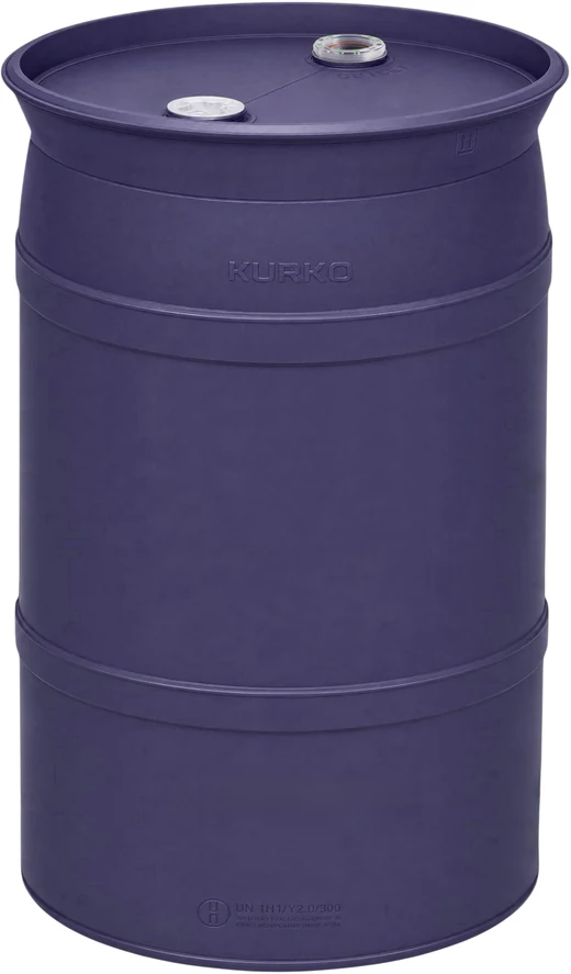 UP55 Ultra-Pure 55-gallon drum in indigo HDPE, with a KoLink Keyed Diptube Insert installed at the outlet port