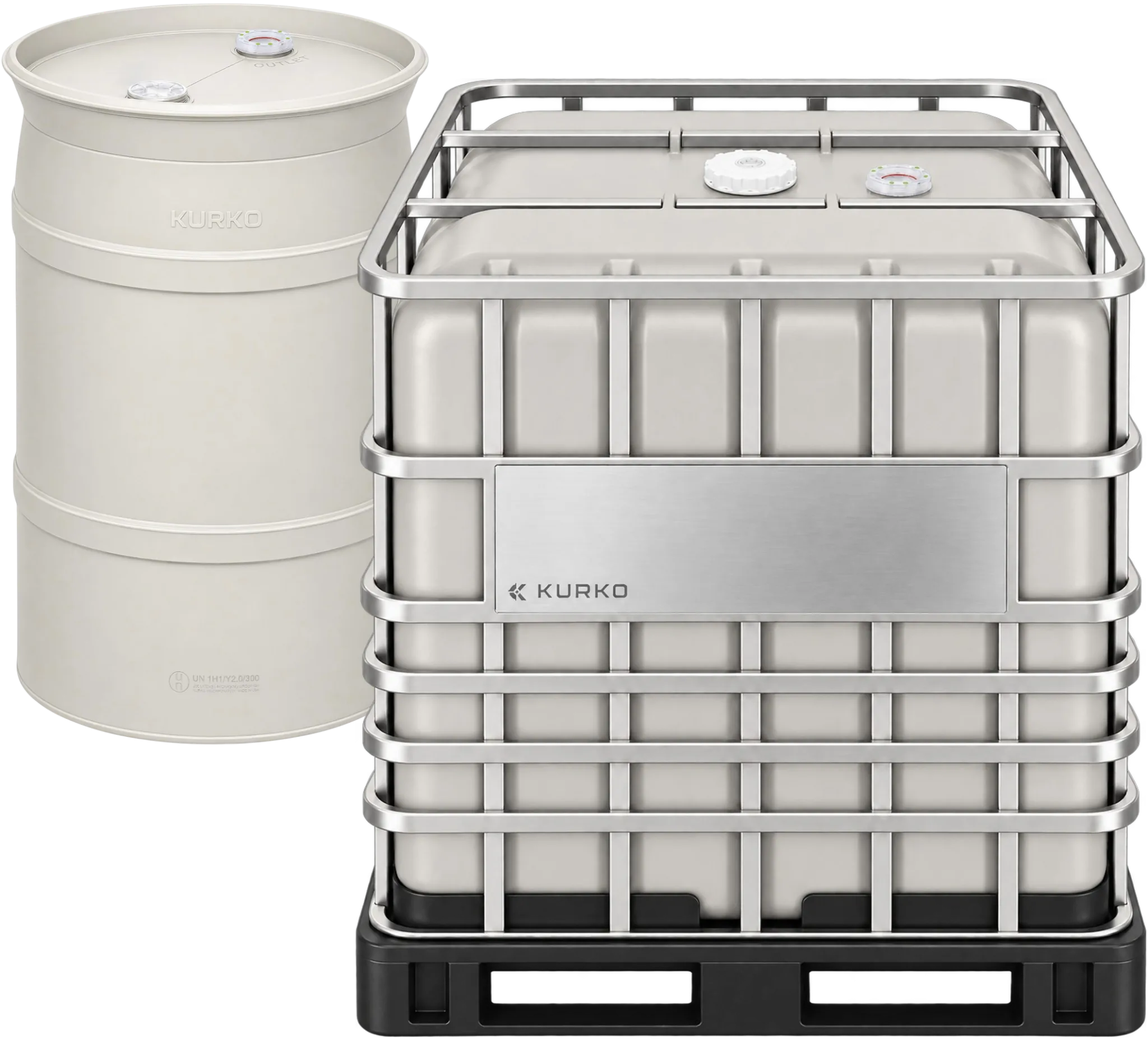 Off-white KURKO HP55 drum beside an HP275 IBC with a stainless-steel cage and black pallet.