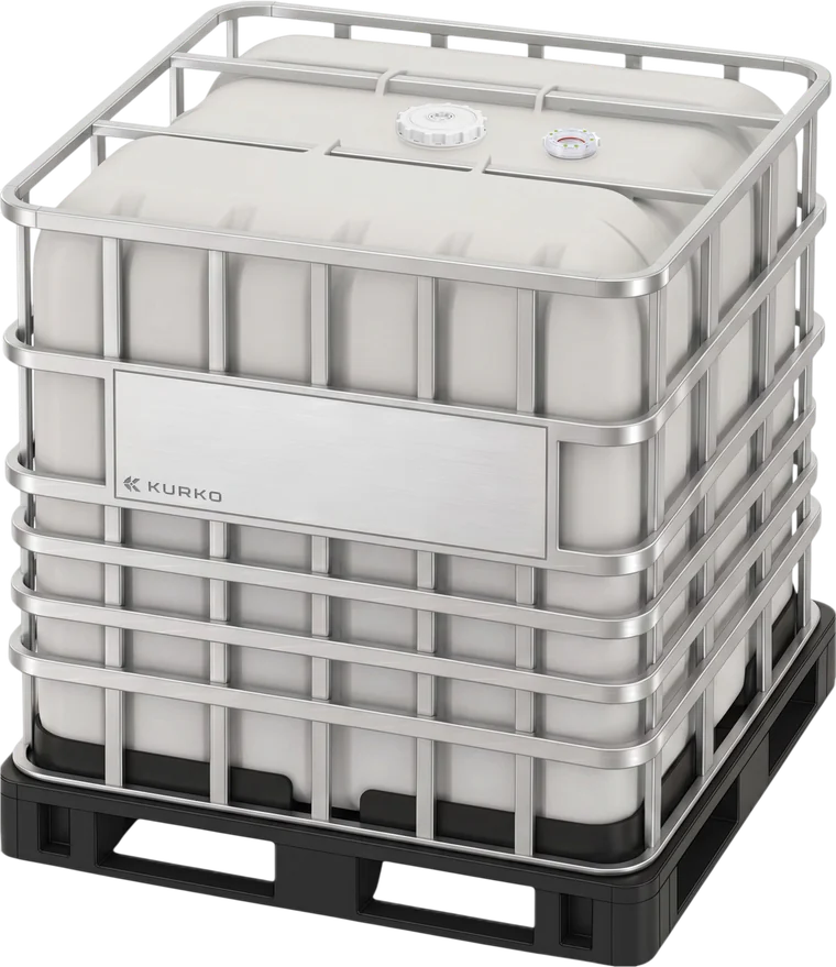 HP275 High-Purity IBC: natural Tri-Layer liner in a stainless steel cage on a black pallet, with a KoLink Keyed Diptube Insert installed at the 2-inch port
