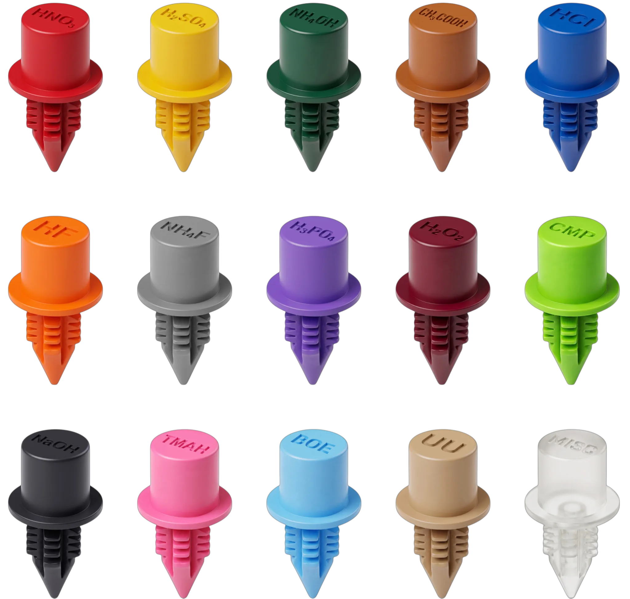 Compilation of 15 Dispense Head push-in rivets, with supplied colors and engravings