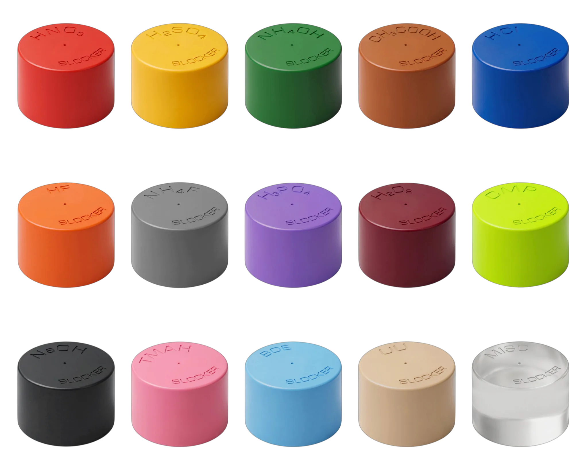 Compilation of 15 Diptube Insert blocker plugs, with supplied colors and engravings